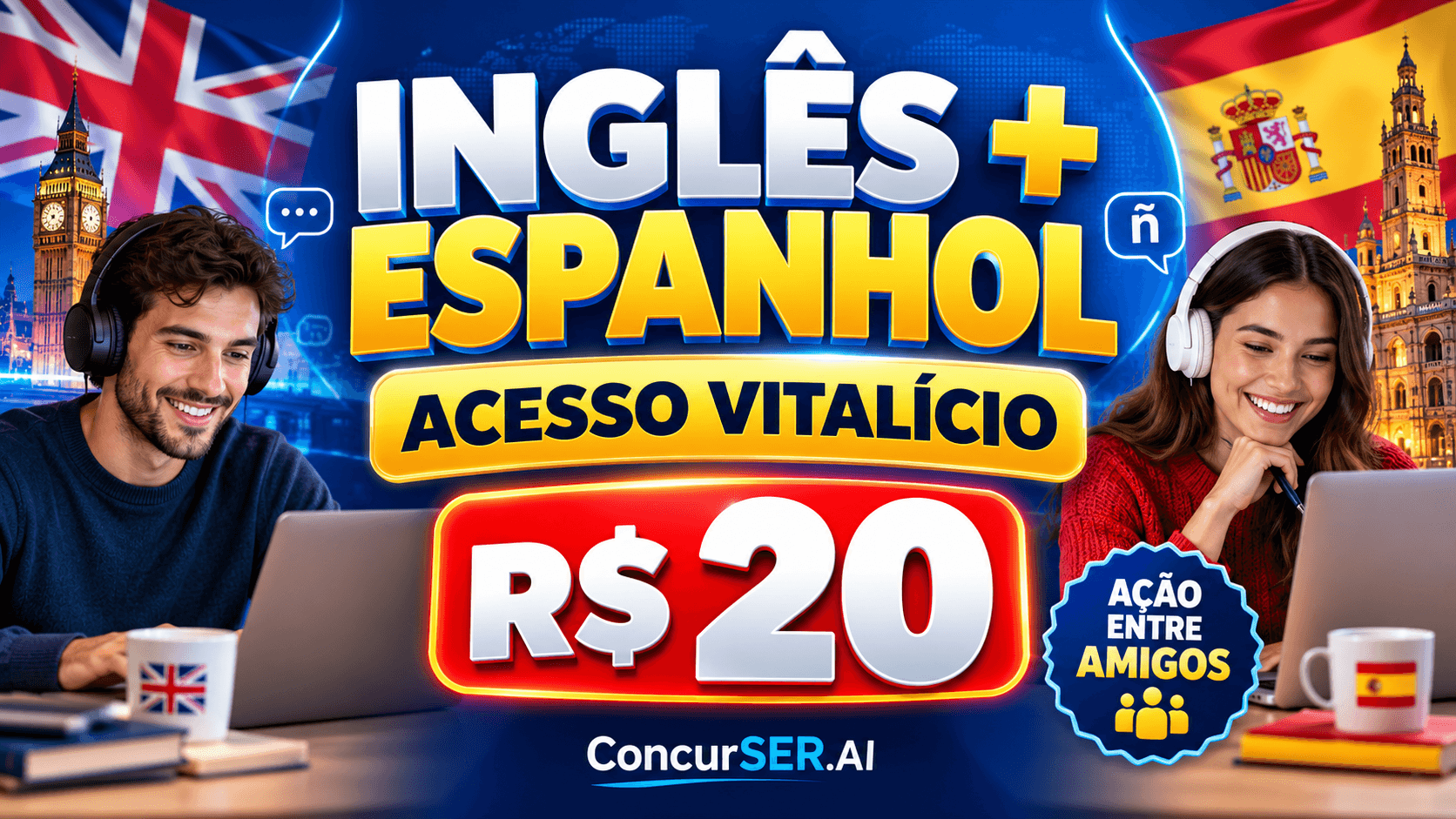 Inglês e espanhol com acesso vitalício